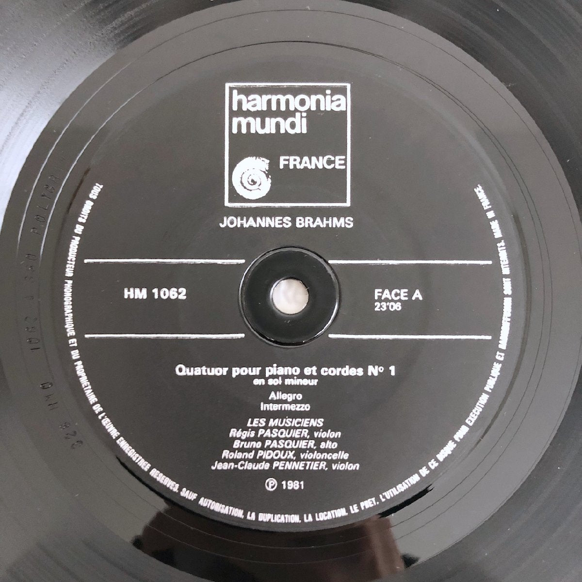 LP/ ジャン=クロード・ペヌティエ 他 / ブラームス:ピアノ四重奏曲第1番 / フランス盤 インサート HARMONIA MUNDI HM1062