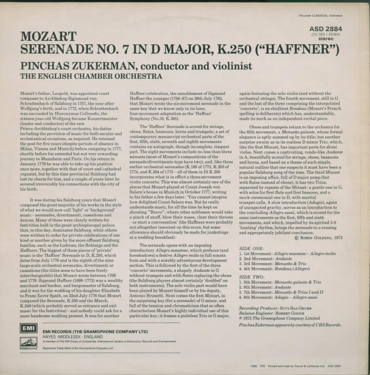 ピンカス・ズッカーマン / モーツァルト:セレナーデ 第7番 「ハフナー」 UK盤 HMV モノクロスタンプ