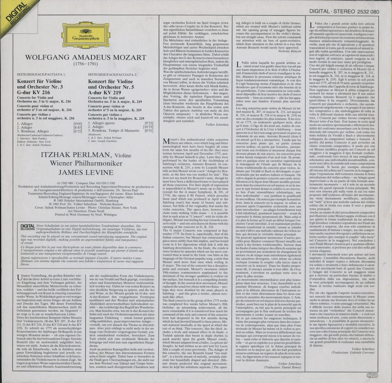 LP/ イツァーク・パールマン / モーツァルト:ヴァイオリン協奏曲第3番、第5番 / ドイツ盤 DIGITAL DGG 2532080