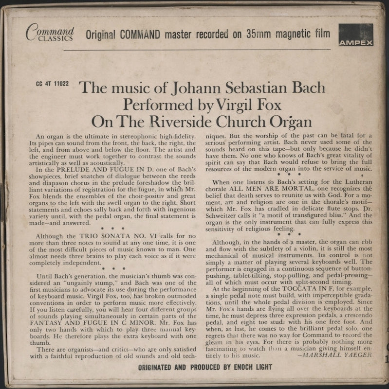オープンリールテープ ヴァージル・フォックス / Plays...Johann Sebastian Bach 7号 19cm/s (7 1/2IPS) 4トラック