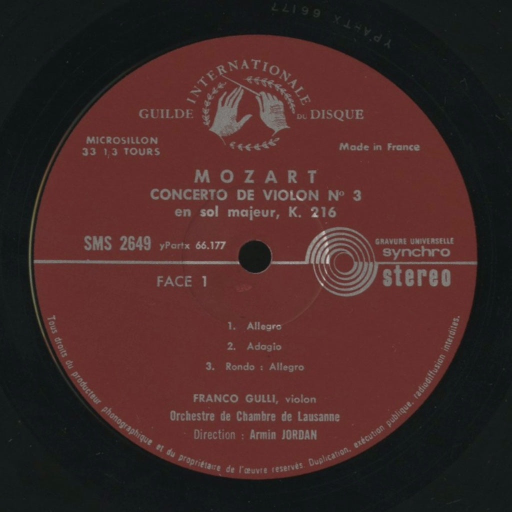 フランコ・グッリ / モーツァルト:ヴァイオリン協奏曲第3番、第5番 / フランス盤/CONCERT HALL/フリップバック・コーティング仕様