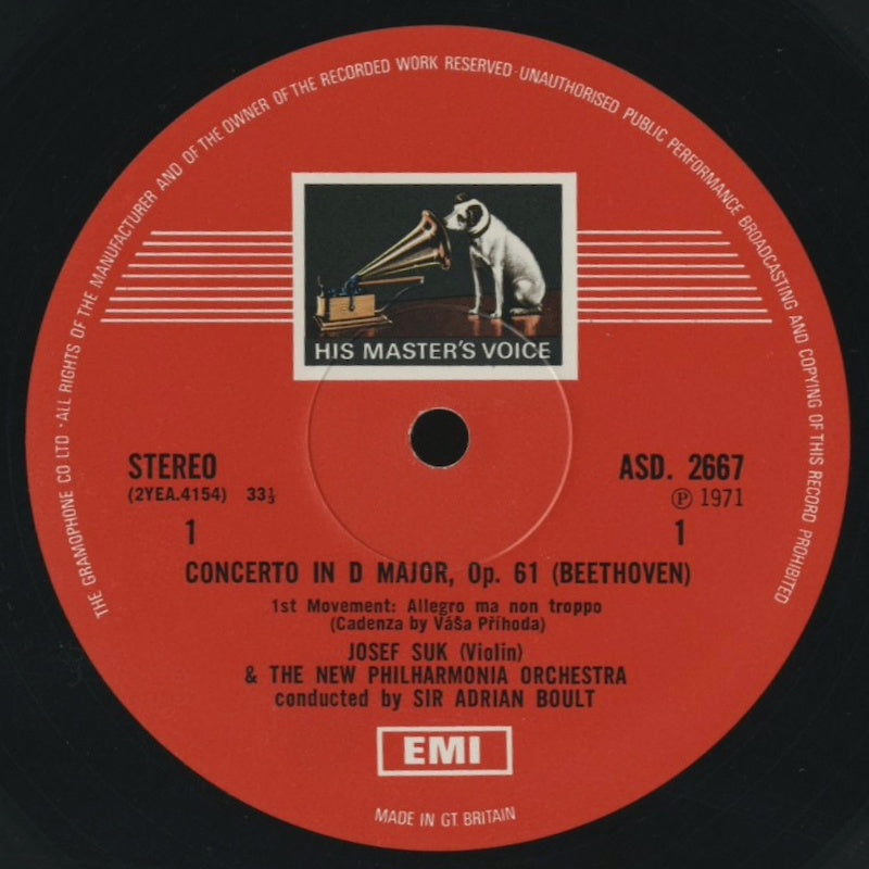 ヨゼフ・スーク / ベートーヴェン :ヴァイオリン協奏曲 / UK初回オリジナル盤/EMI/カラー切手/フリップバック・コーティング仕様/CS付き