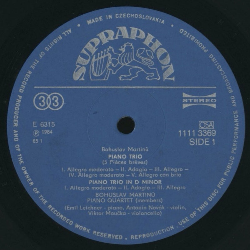LP/ マルティヌー・ピアノ四重奏団 / マルティヌー:ピアノ四重奏曲、ピアノ三重奏曲第1番、第2番 / チェコ盤 コーティングJK SUPRAPHON