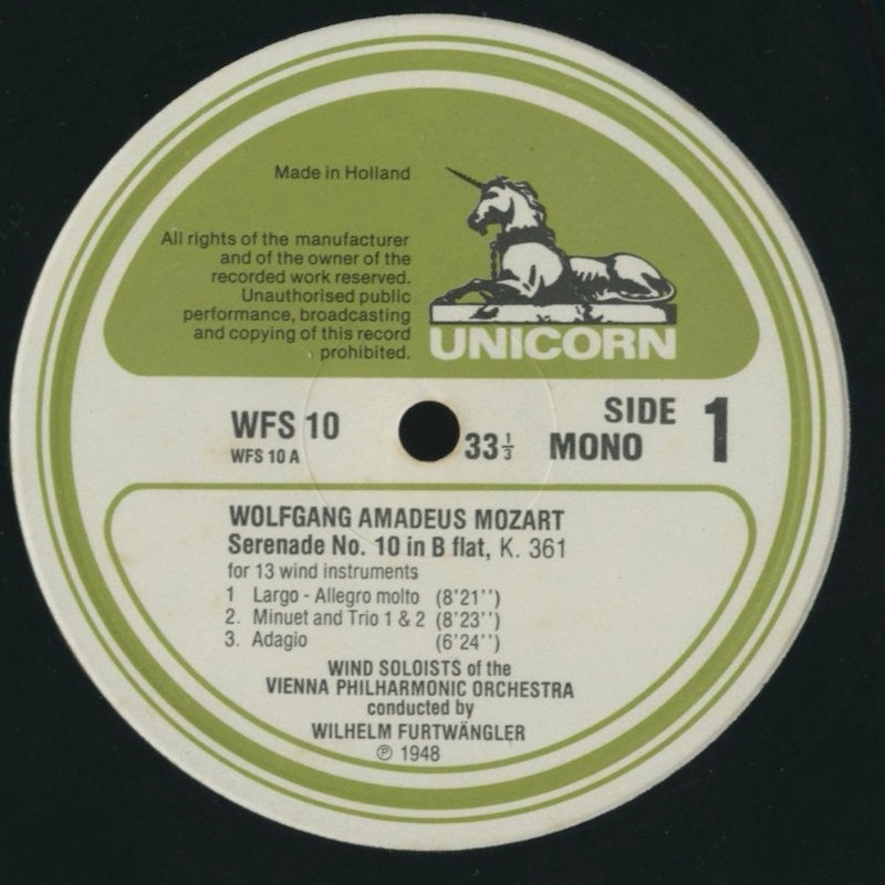 LP/ ヴィルヘルム・フルトヴェングラー / モーツァルト:セレナード第10番 「グラン・パルティータ」/ オランダ盤 コーティングJK UNICORN