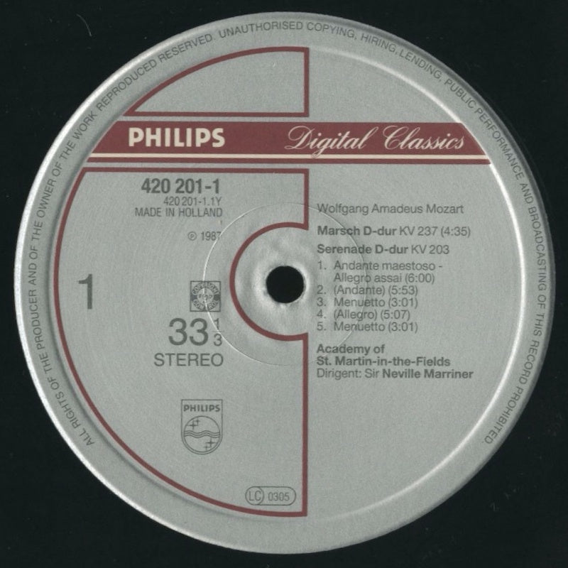 LP/ ネヴィル・マリナー / モーツァルト:セレナード第6番「セレナータ・ノットゥルナ」他 / オランダ盤 DIGITAL PHILIPS 日本語解説付き帯(日付書込)