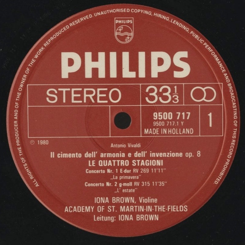 アイオナ・ブラウン / ヴィヴァルディ:ヴァイオリン協奏曲集「四季」 / オランダ盤/PHILIPS/コーティングJK/インサート付き