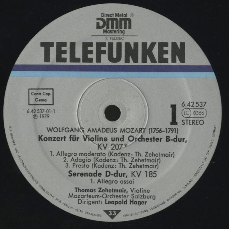トマス・ツェートマイアー / モーツァルト:ヴァイオリン協奏曲第1番/ドイツ盤/TELEFUNKEN /DIGITAL/DMM/ゲートフォールドJK