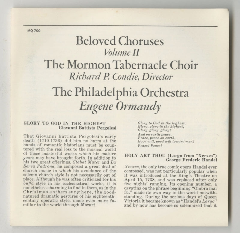 オープンリールテープ モルモンタバナクル合唱団 / BELOVED CHORUSES VOL.2 7号 19cm/s (7 1/2IPS) 4トラック インサート(日焼け、シミ)