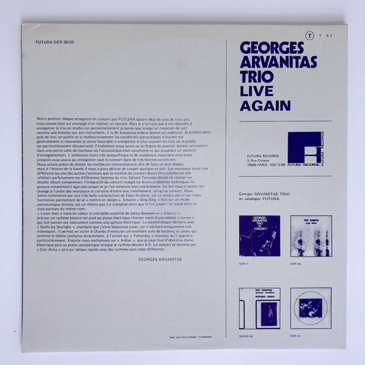 LP/ GEORGES ARVANITAS TRIO / LIVE AGAIN / フランス盤 2枚組 溝なし FUTURA GER38/39