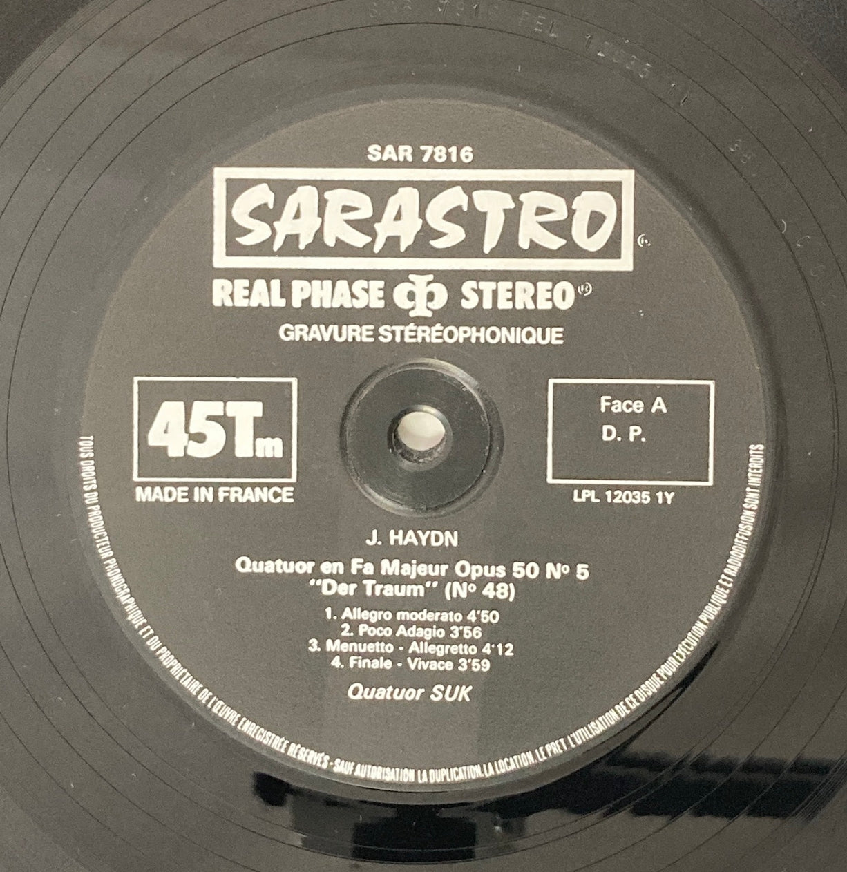 LP/ スーク四重奏団 / ハイドン:弦楽四重奏曲第5番、第3番 / フランス盤 45回転 コーティングJK SARASTRO SAR7816