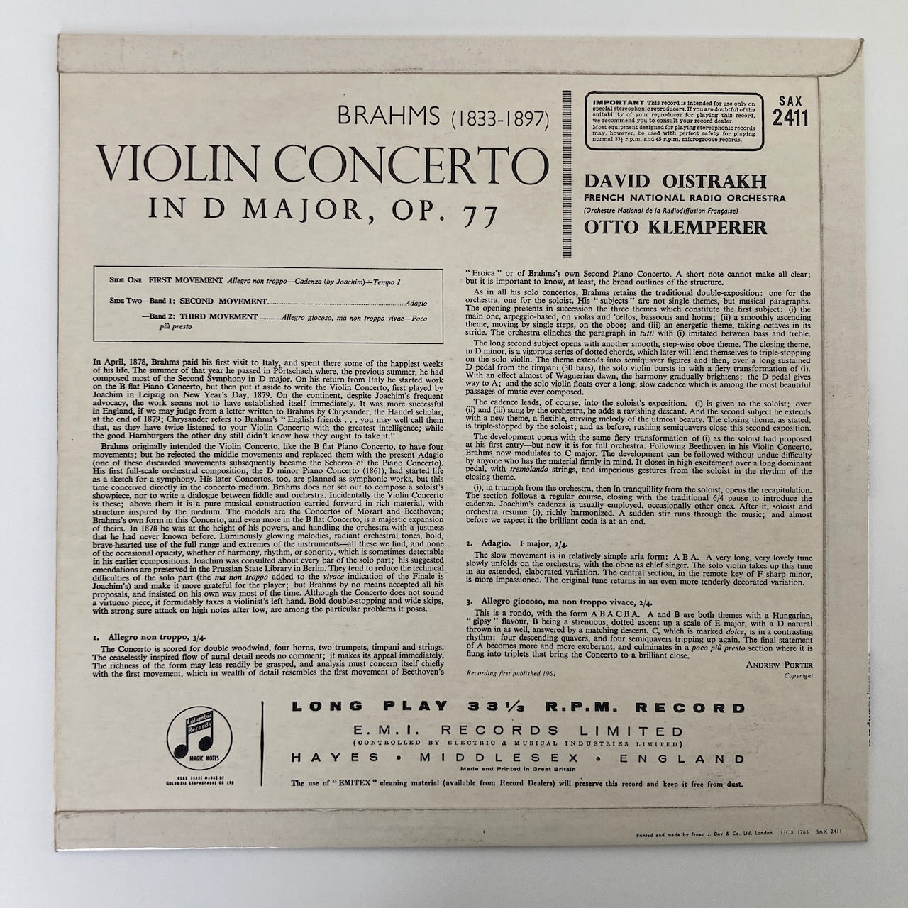 LP/ オイストラフ、クレンペラー / ブラームス:ヴァイオリン協奏曲 / UK盤 セミサークル コーティングJK CS付 COLUMBIA