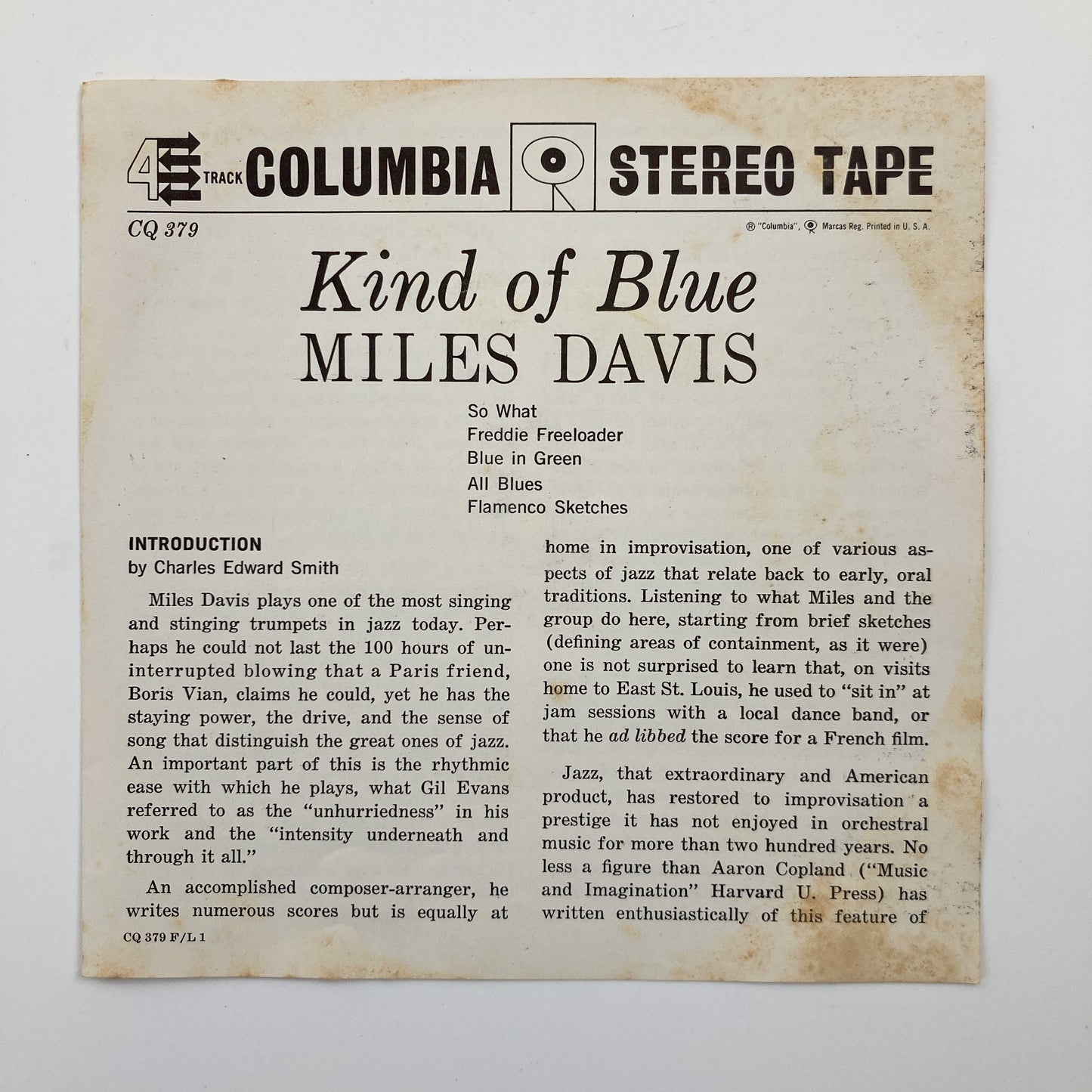 オープンリールテープ/ MILES DAVIS / KIND OF BLUE / 7号 19cm/s (7 1/2IPS) 4トラック US製 ライナー COLUMBIA