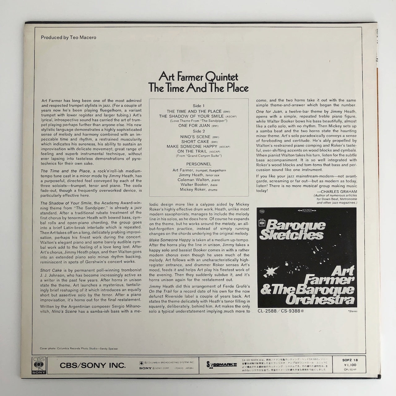 LP/ ART FARMER QUINTET / THE TIME AND THE PLACE / 国内盤 ライナー付き CBS SONY SOPZ18