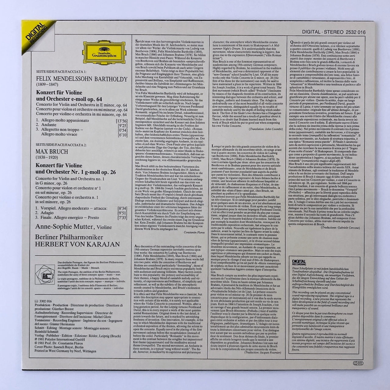 LP/ アンネ=ゾフィー・ムター、ヘルベルト・フォン・カラヤン / メンデルスゾーン、ブルッフ:ヴァイオリン協奏曲 / ドイツ盤 DIGITAL コーティングJK DGG 2532016
