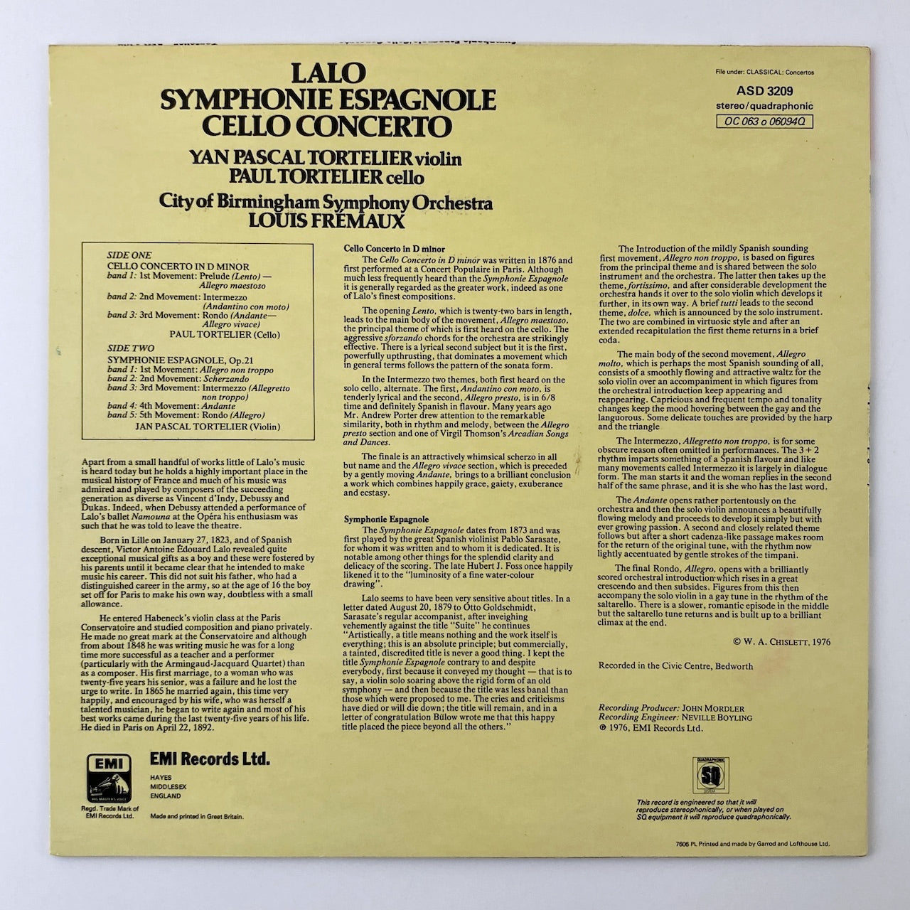 LP/ ポール・トルトゥリエ、ヤン・パスカル・トルトゥリエ、ルイ・フレモー / ラロ:チェロ協奏曲、スペイン交響曲 / UK盤 オリジナル モノクロスタンプ コーティングJK EMI ASD3209