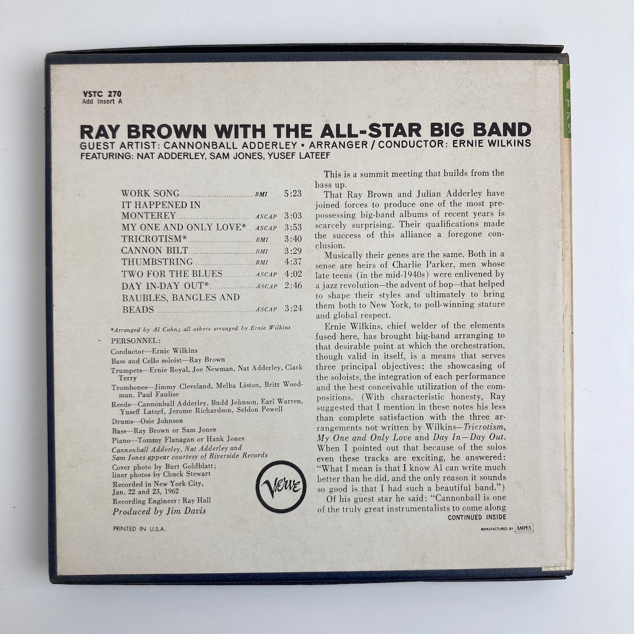 オープンリールテープ RAY BROWN / WITH THE ALL-STAR BIG BAND / 日本盤 インサート 7号 19cm/s (7 1/2IPS) 4トラック VERVE
