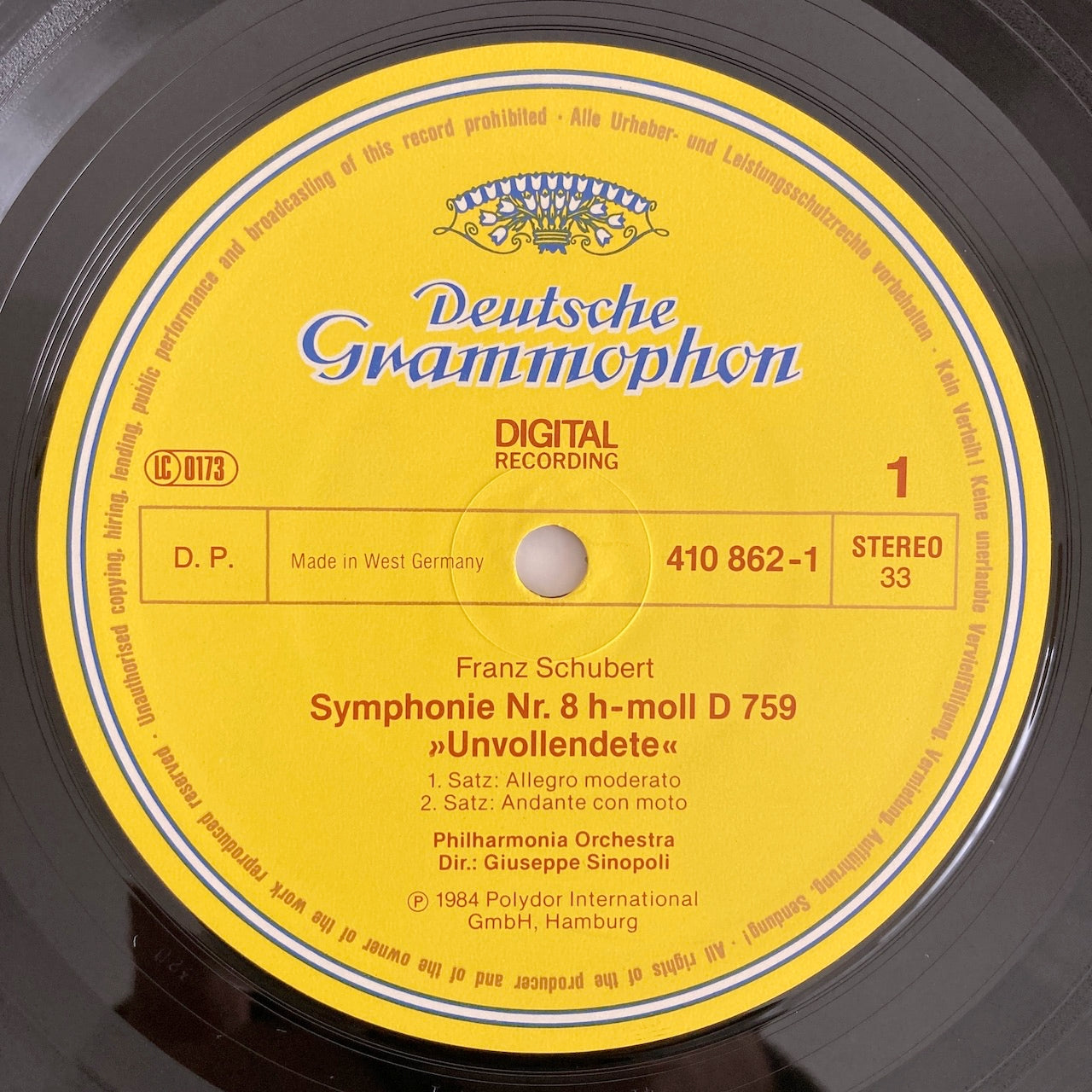 LP/ ジュゼッペ・シノーポリ / シューベルト:交響曲第8番「未完成」、メンデルスゾーン:交響曲第4番「イタリア」 / ドイツ盤 DIGITAL コーティングJK DGG 410862-1