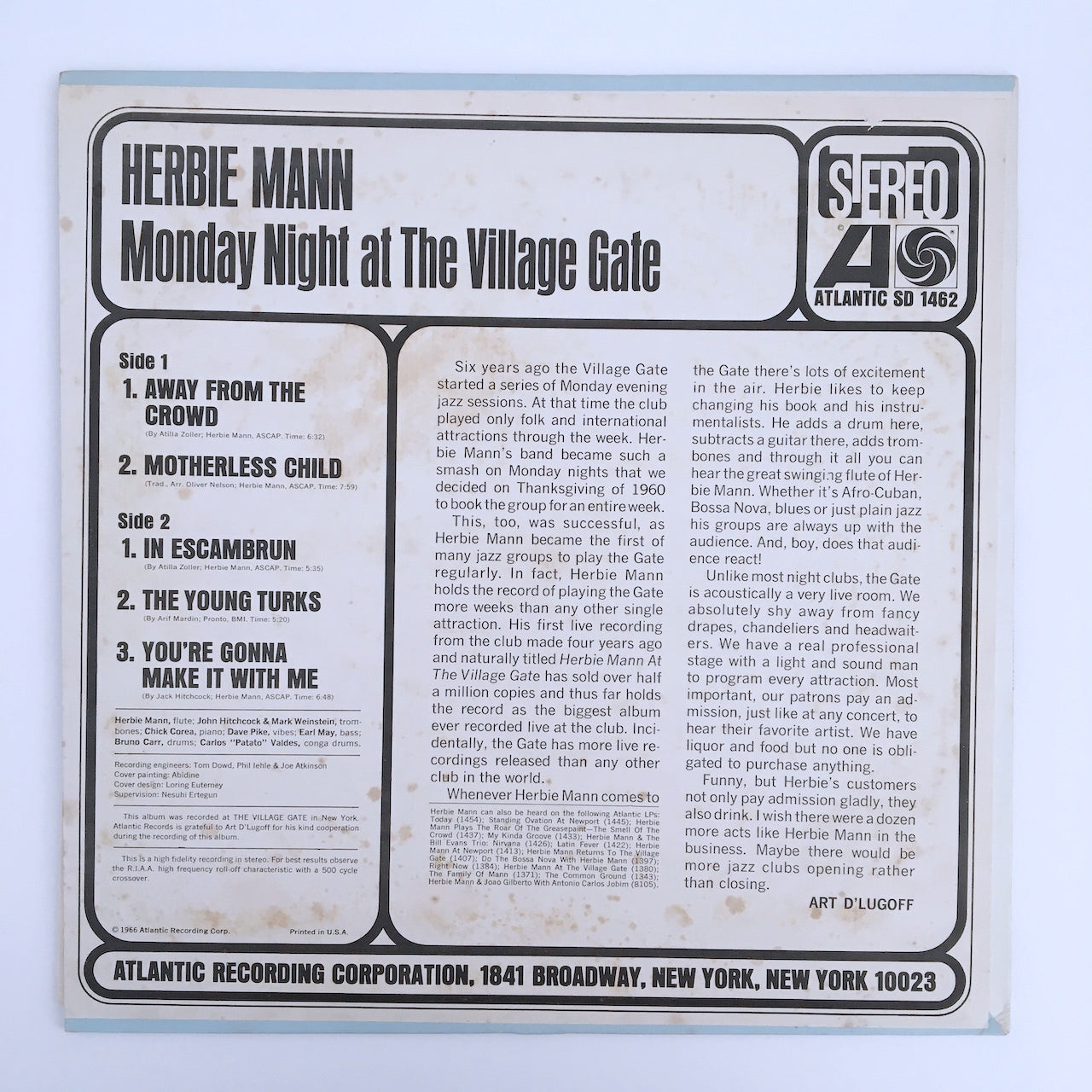 LP/ HERBIE MANN / MONDAY NIGHT AT THE VILLAGE GATE / US盤 BROADWAY CS(底抜け、書込み)付き ATLANTIC SD1462