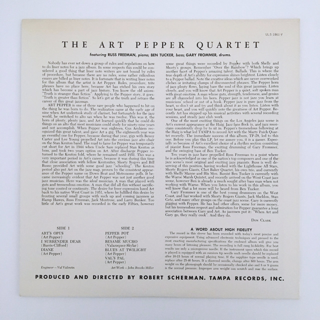 LP/ ART PEPPER / THE ART PEPPER QUARTET / 国内盤 ライナー付き TAMPA ULS-1861-V