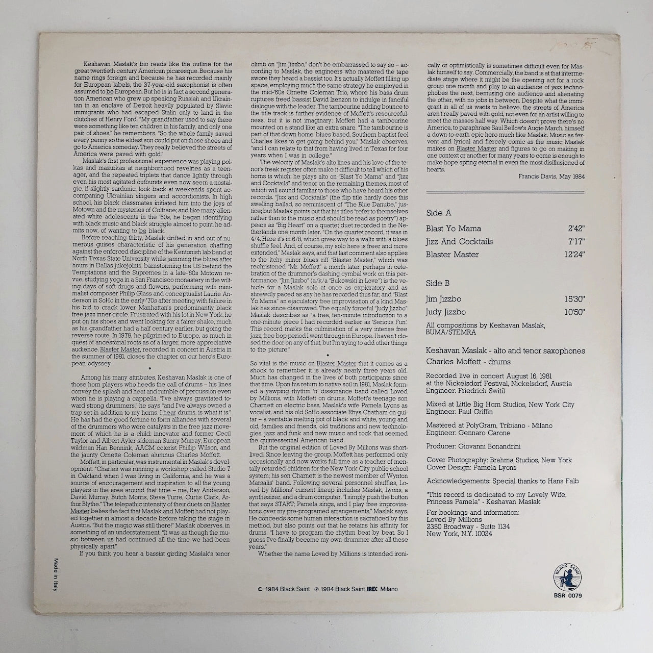 LP/ KESHAVAN MASLAK / BLASTER MASTER / イタリア盤 BLACK SAINT BSR0079