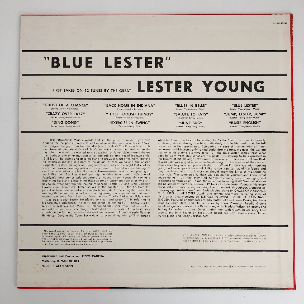LP/ LESTER YOUNG / BLUE LESTER / 国内盤 ライナー付き SAVOY SOPU40