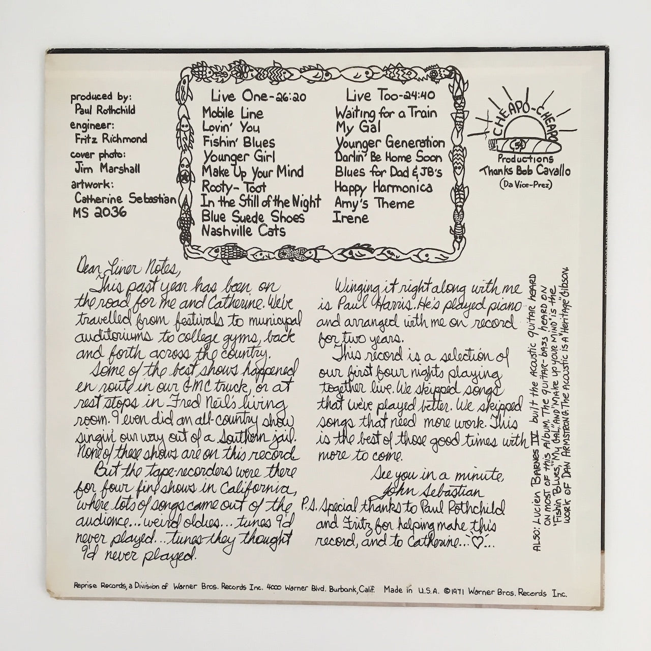 LP/ JOHN SEBASTIAN / REAL LIVE JOHN SEBASTIAN / US盤 USオリジナル REPRISE MS2036