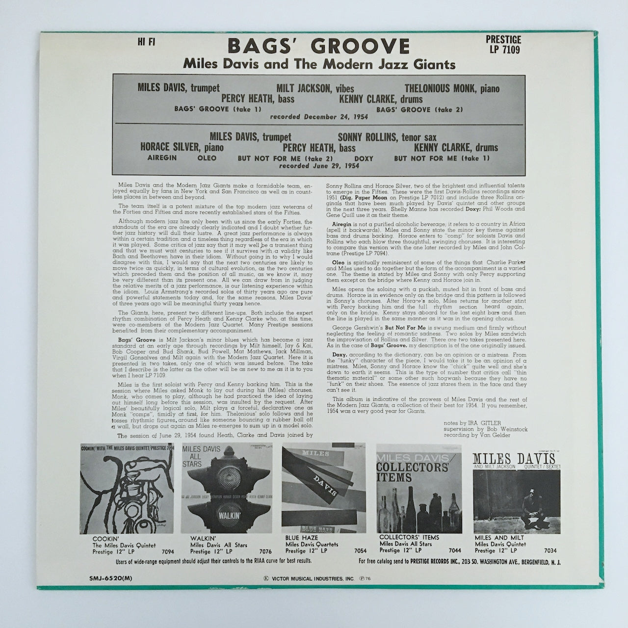 LP/ MILES DAVIS / BAGS GROOVE / 国内盤 ライナー PRESTIGE SMJ-6520(M)