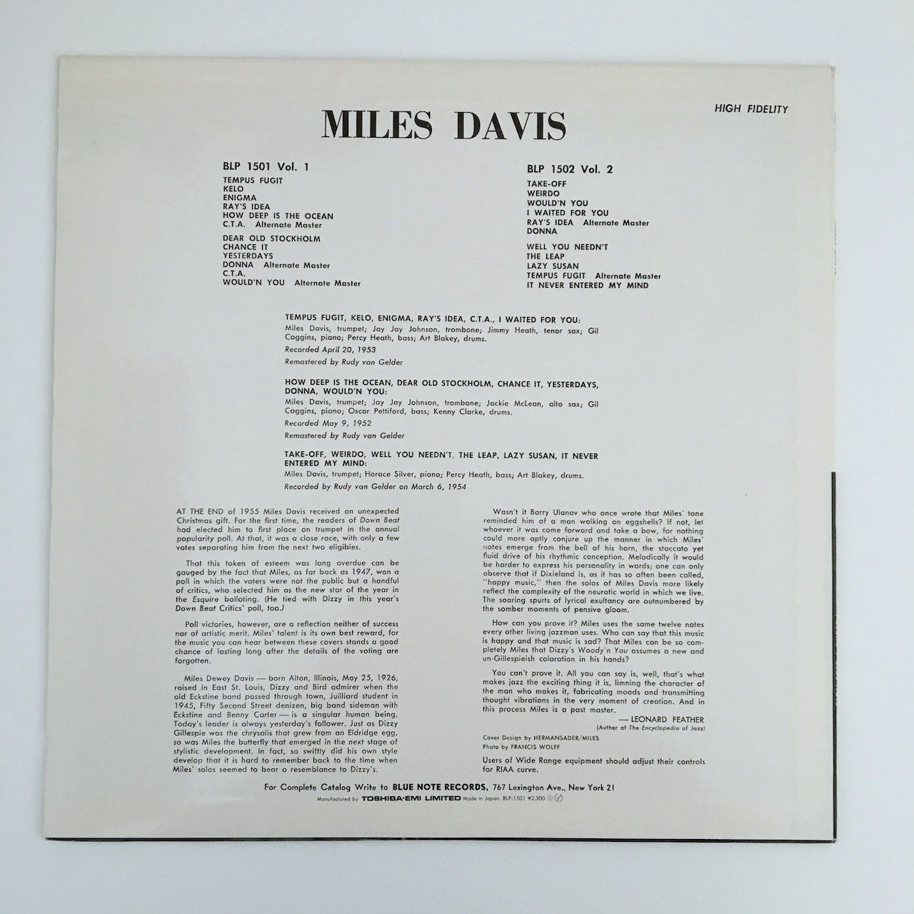 LP/ MILES DAVIS / VOLUME 1 / 国内盤 ライナー BLUE NOTE BLP-1501