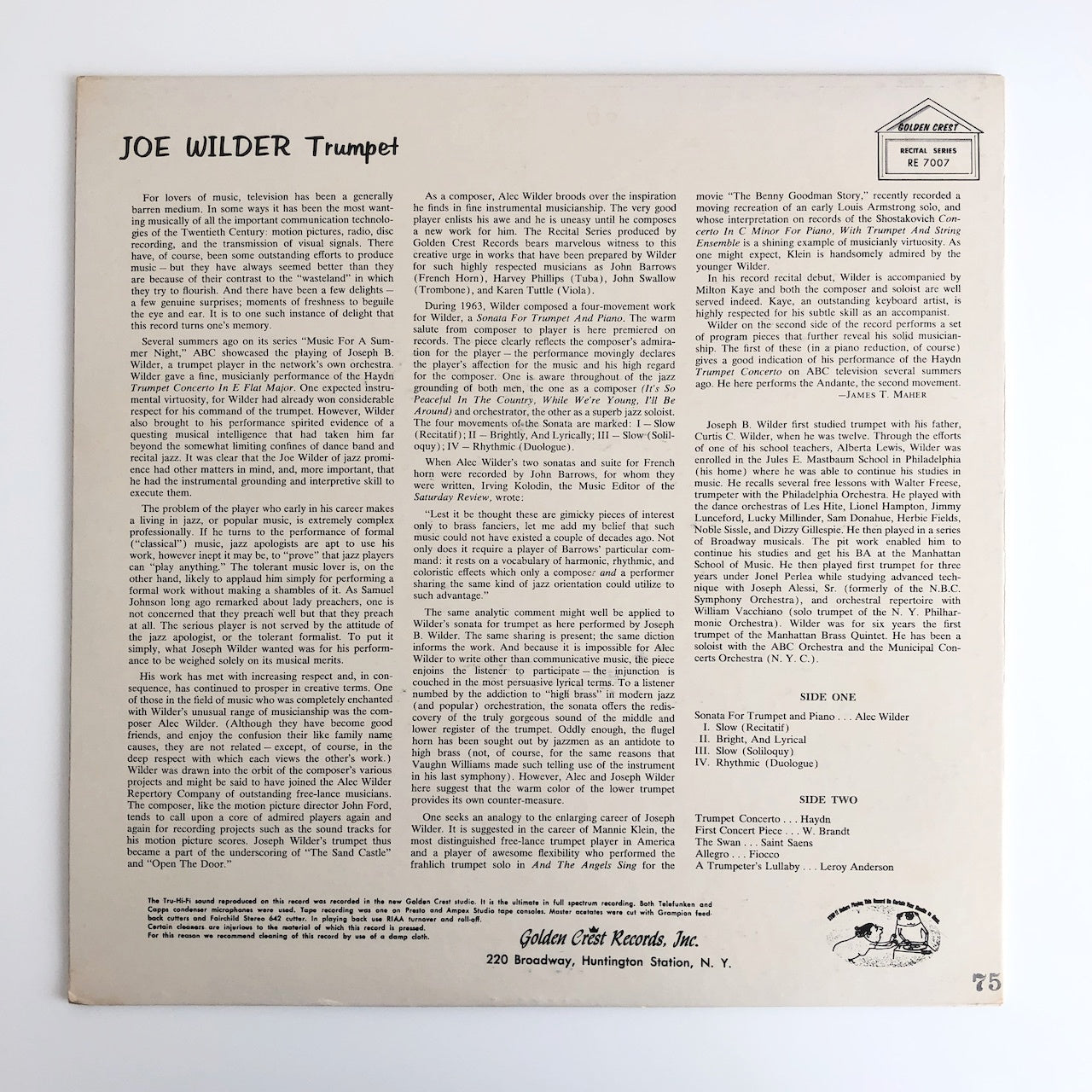 LP/ JOE WILDER / SONATA FOR TRUMPET AND PIANO / US盤 GOLDEN CREST RE7007