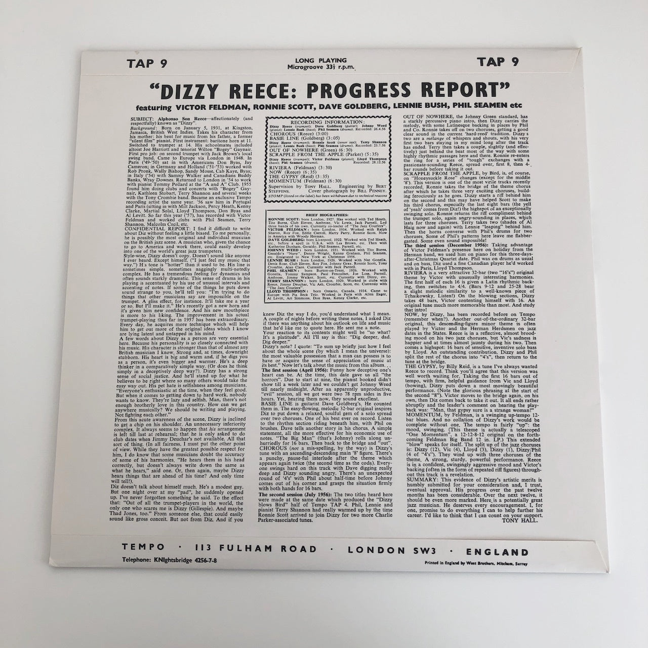 LP/ DIZZY REECE / PROGRESS REPORT / 国内盤 澤野公房 ライナー 白スリーヴ TEMPO TAP9