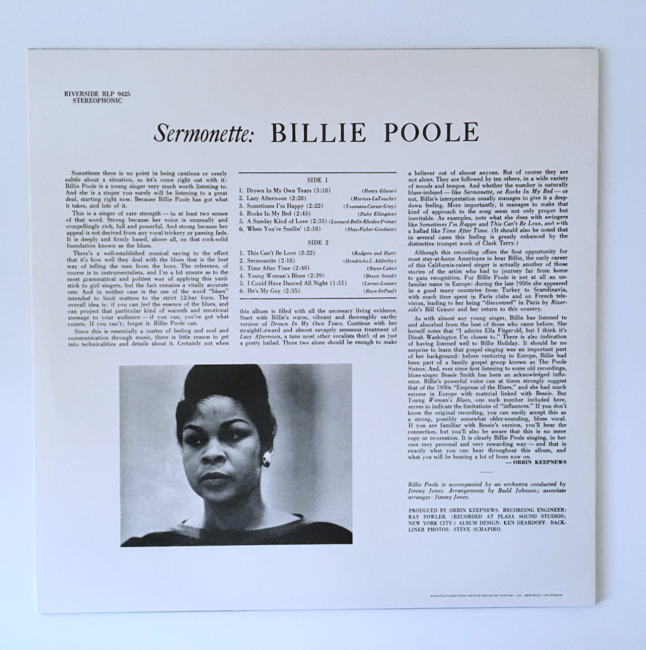LP/ BILLIE POOLE / SERMONETTE / US盤 リイシュー RIVERSIDE RLP9425