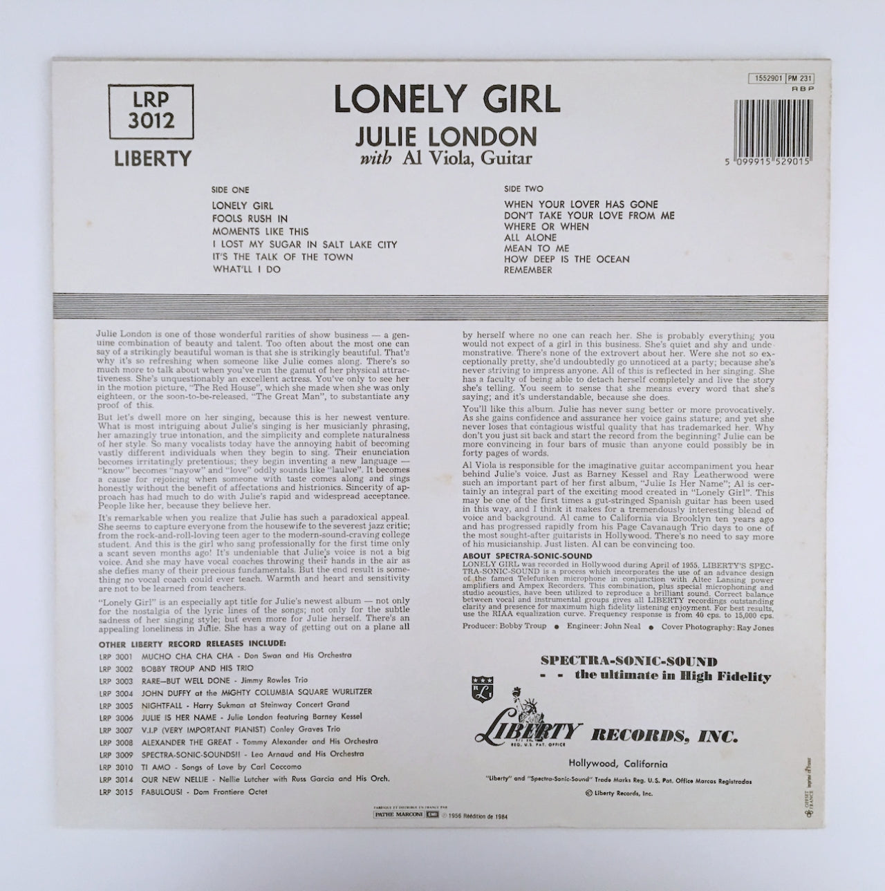 LP/ JULIE LONDON / LONELY GIRL / フランス盤 LIBERTY 1552901