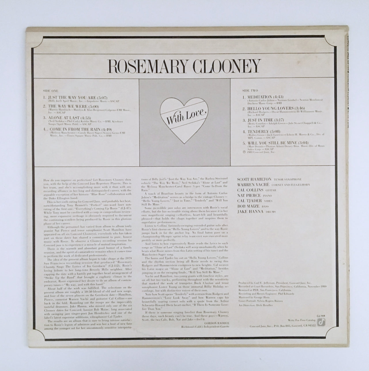 LP/ ROSEMARY CLOONEY / WITH LOVE / US盤 CONCORD JAZZ CJ144