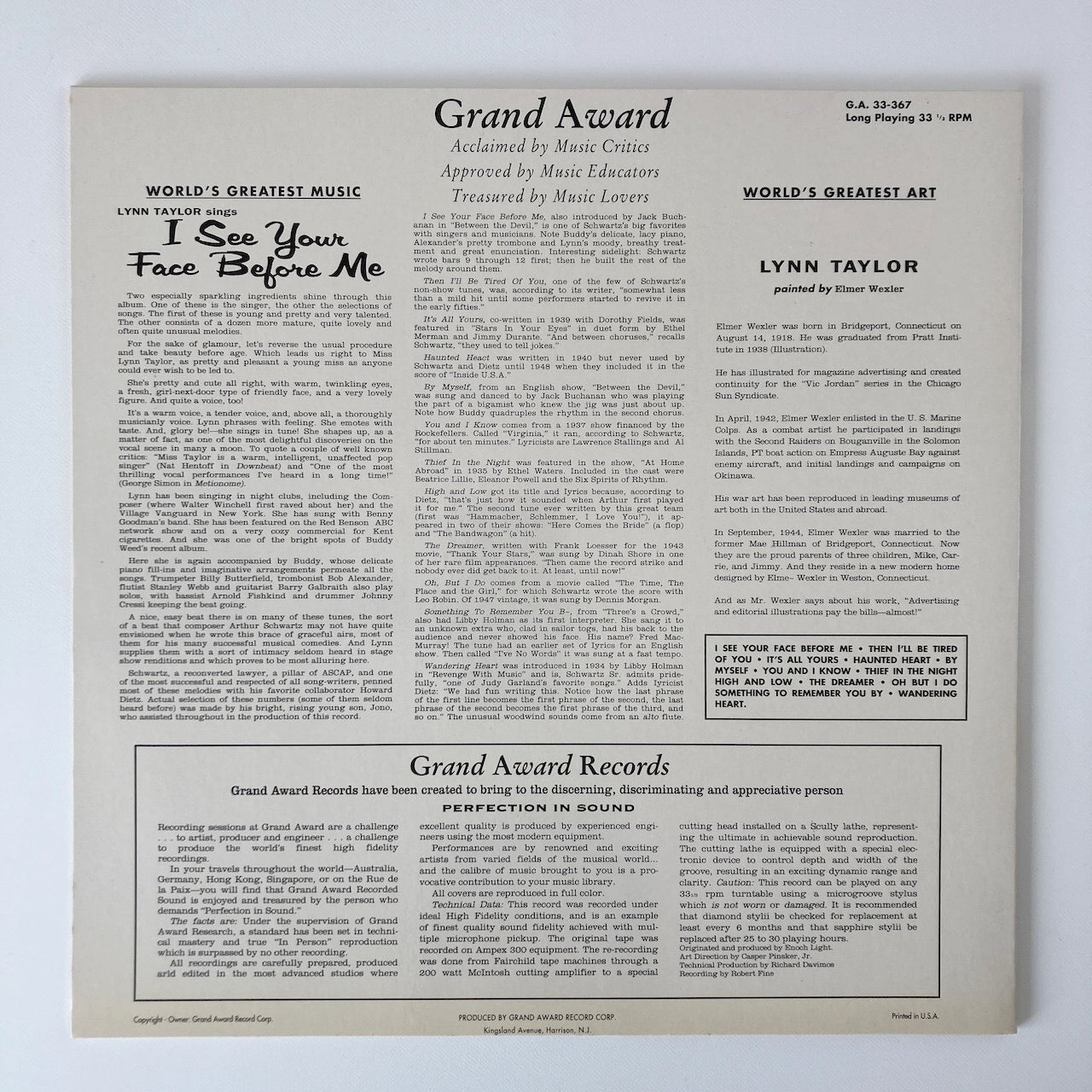LP/ LYNN TAYLOR / I SEE YOUR FACE BEFORE ME / US盤 コーティングJK リイシュー GRAND AWARD GA33-367