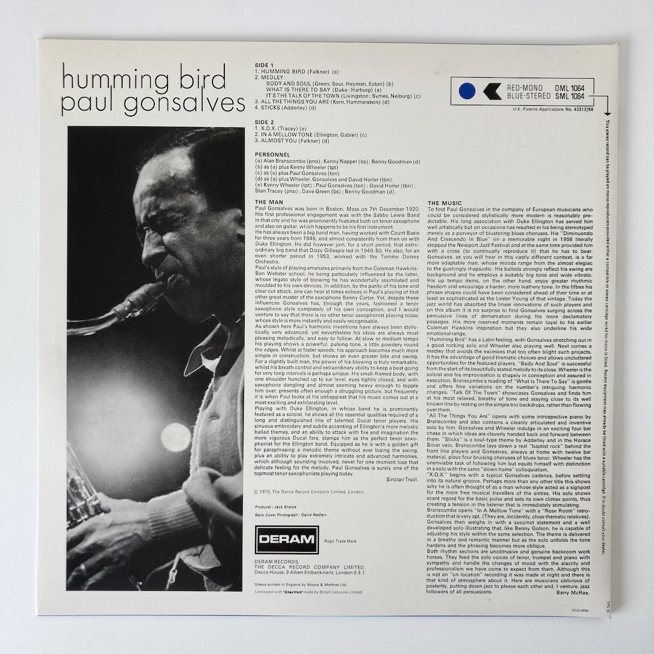 LP/ PAUL GONSALVES / HUMMING BIRD / 国内盤 ライナー 須永辰緒の夜ジャズシリーズ DERAM