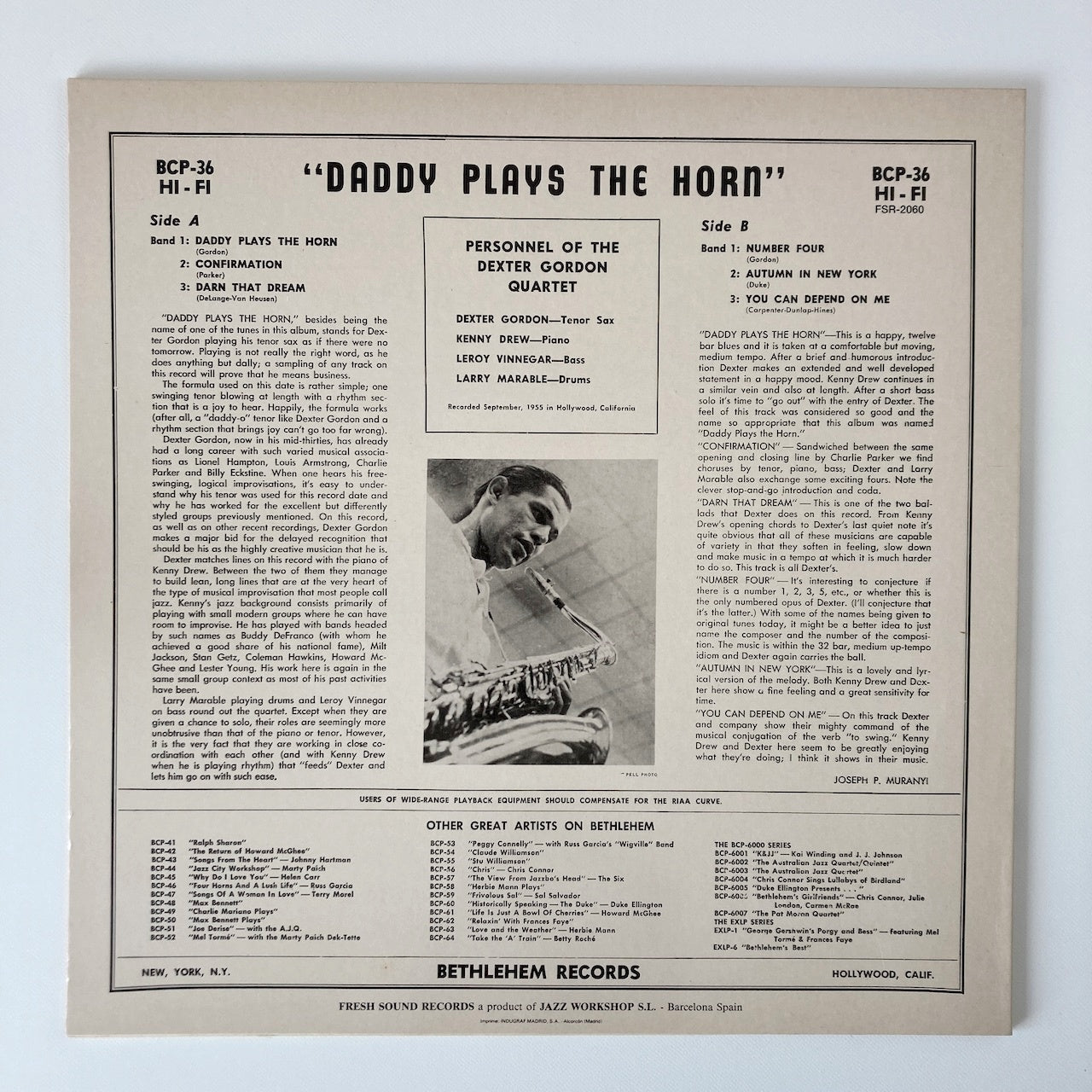 LP/ DEXTER GORDON / DADDY PLAYS THE HORN / スペイン盤 FRESH SOUND BETHLEHEM FSR-2060