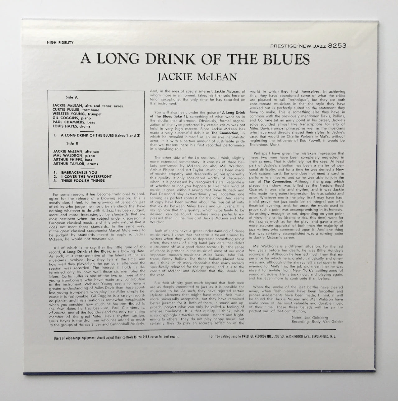 LP/ JACKIE McLEAN / A LONG DRINK OF THE BLUES / 国内盤 ライナー PRESTIGE VIJJ-30028
