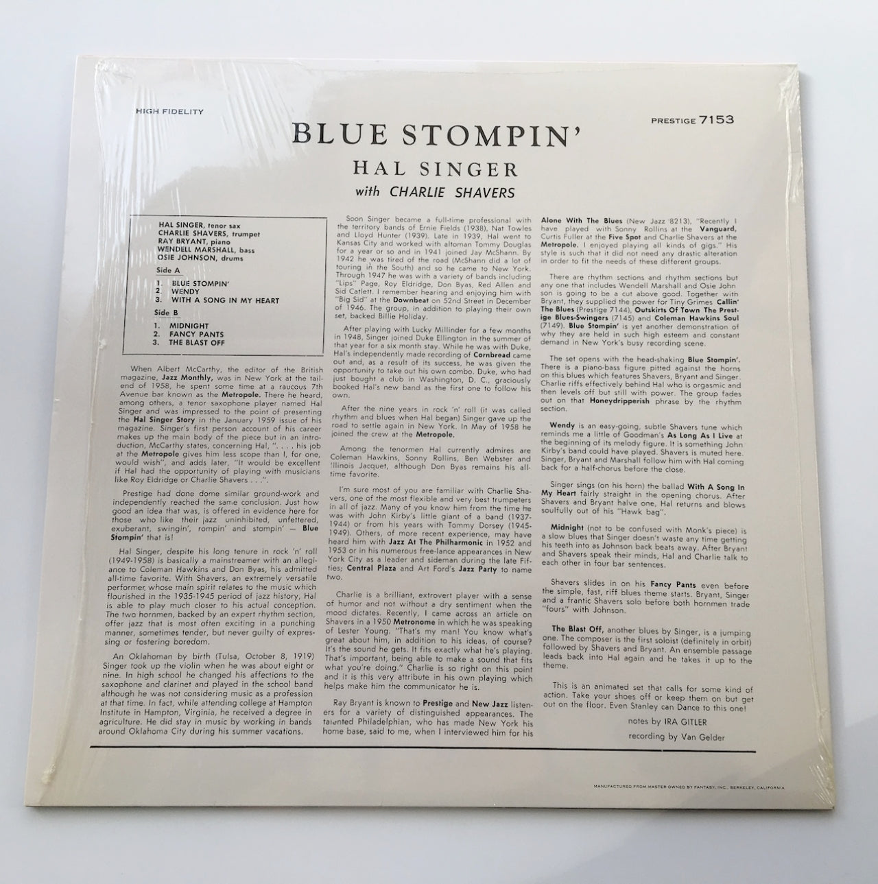LP/ HAL SINGER WITH CHARLIE SHAVERS / BLUE STOMPIN' / US盤 FANTASY PRESTIGE PR7153