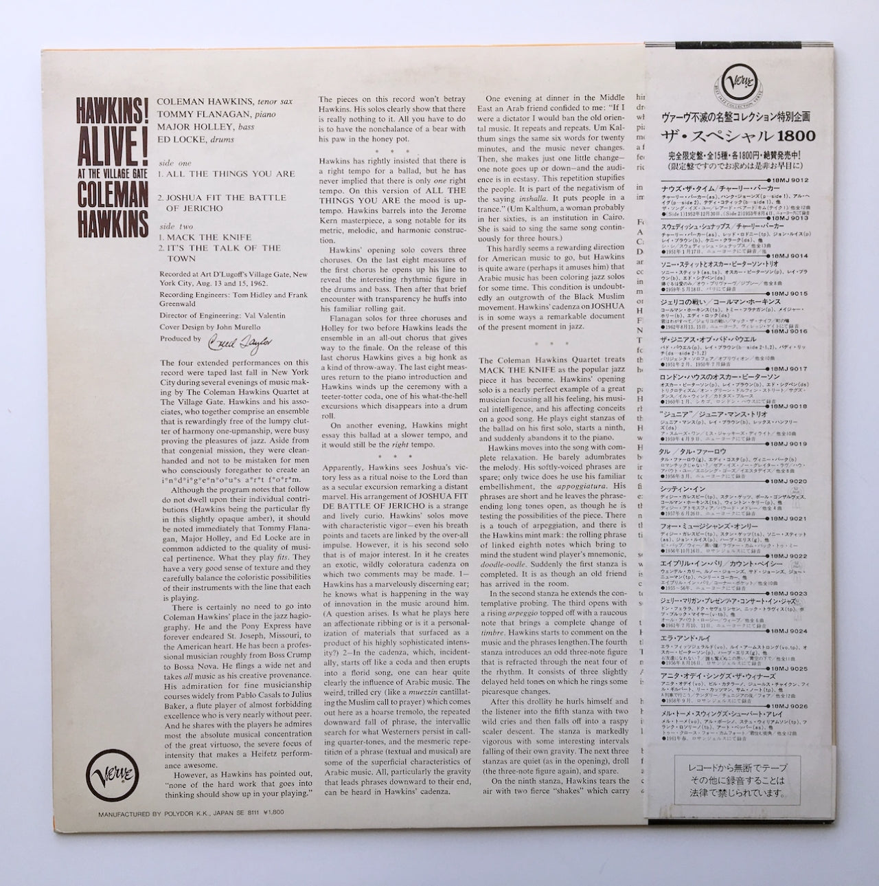 LP/ COLEMAN HAWKINS / HAWKINS! ALIVE! AT THE VILLAGE GATE / 国内盤 帯・ライナー付き VERVE 18MJ9015