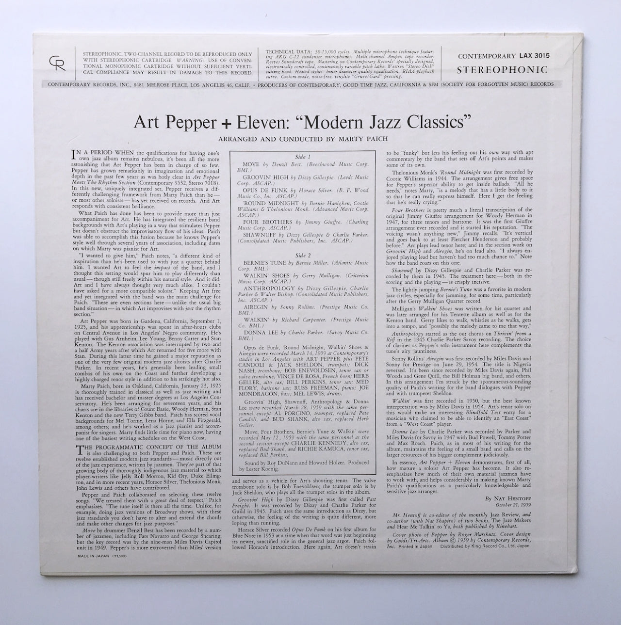 LP/ ART PEPPER / ART PEPPER + ELEVEN / 国内盤 ライナー付き CONTEMPORARY RECORDS LAX3015
