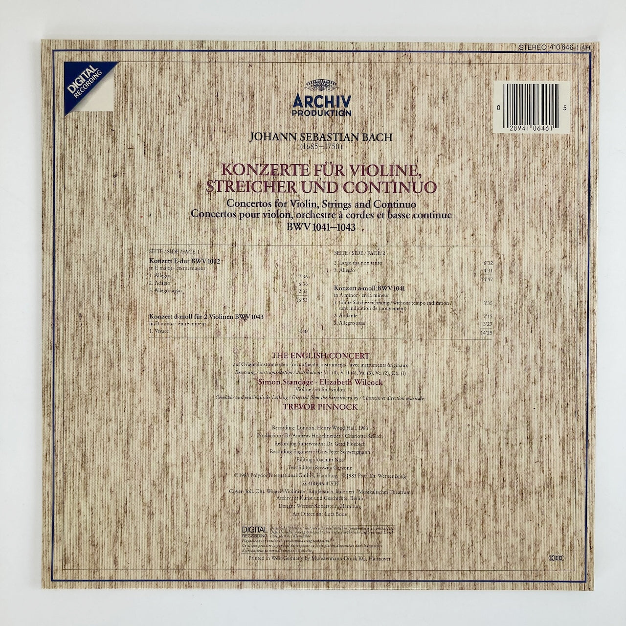 LP/ サイモン・スタンデイジ、トレヴァー・ピノック / J.S.バッハ:ヴァイオリン協奏曲、2つのヴァイオリンのための協奏曲 / ドイツ盤 DIGITAL コーティングJK ARCHIV 410646-1