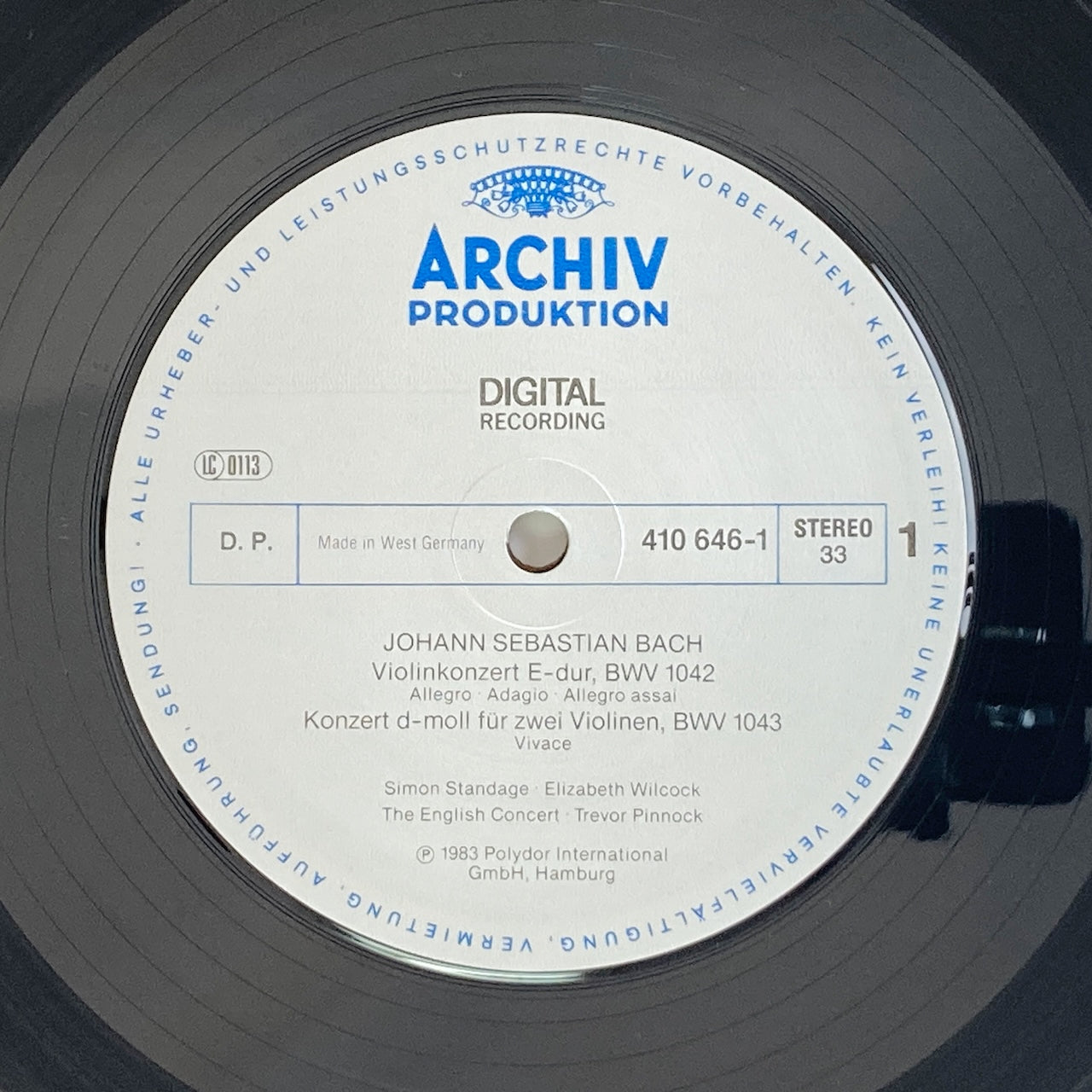 LP/ サイモン・スタンデイジ、トレヴァー・ピノック / J.S.バッハ:ヴァイオリン協奏曲、2つのヴァイオリンのための協奏曲 / ドイツ盤 DIGITAL コーティングJK ARCHIV 410646-1