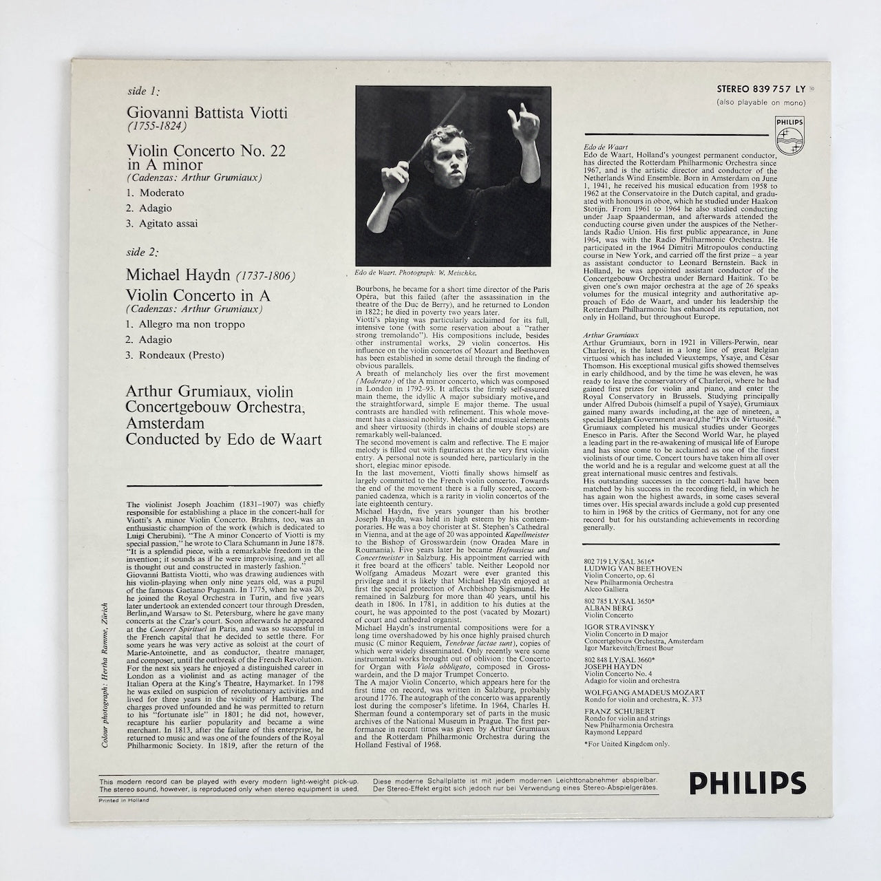 LP/ アルテュール・グリュミオー、エド・デ・ワールト / ヴィオッティ:ヴァイオリン協奏曲第22番、ハイドン:ヴァイオリン協奏曲 / オランダ盤 コーティングJK PHILIPS 839757LY