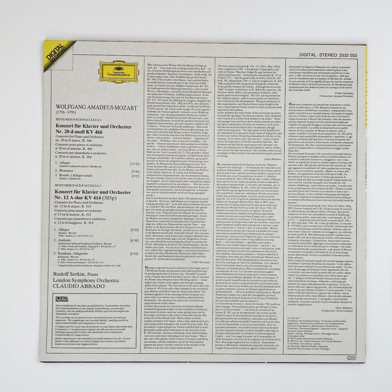 LP/ ルドルフ・ゼルキン、クラウディオ・アバド / モーツァルト:ピアノ協奏曲第20番、第12番 / ドイツ盤 DIGITAL コーティングJK DGG 2532053