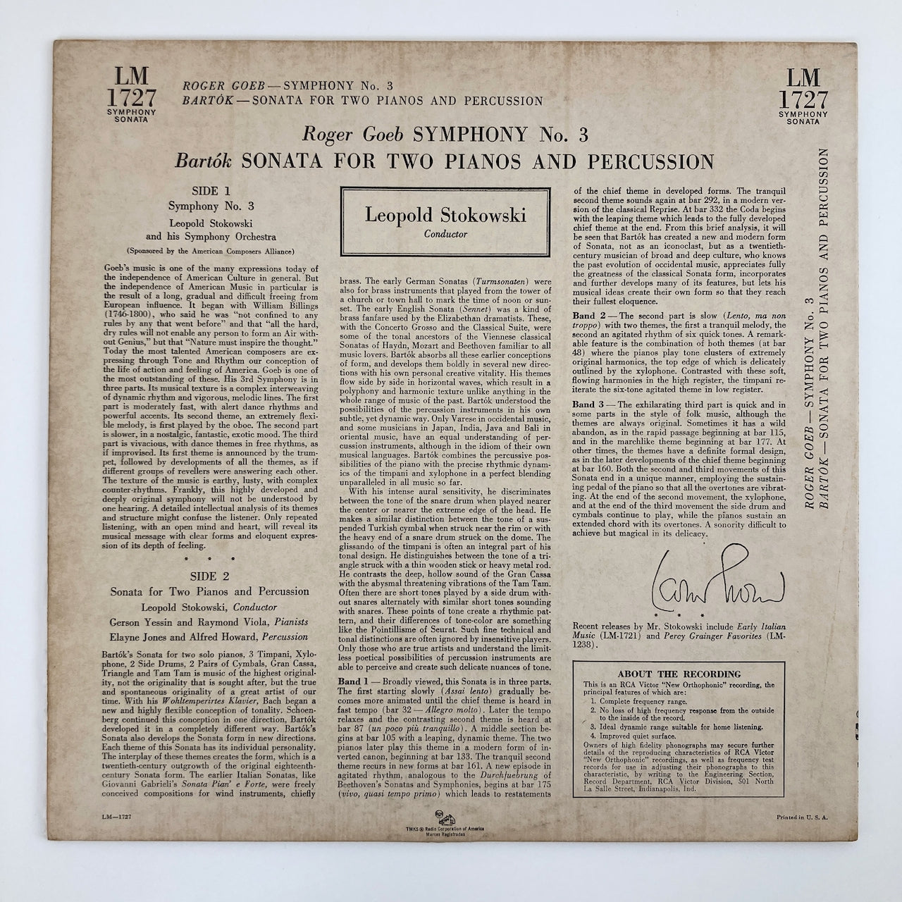 LP/ レオポルド・ストコフスキー / ロジャー・ゲーブ:交響曲 第3番 / US盤 深溝 RCA VICTOR LM1727