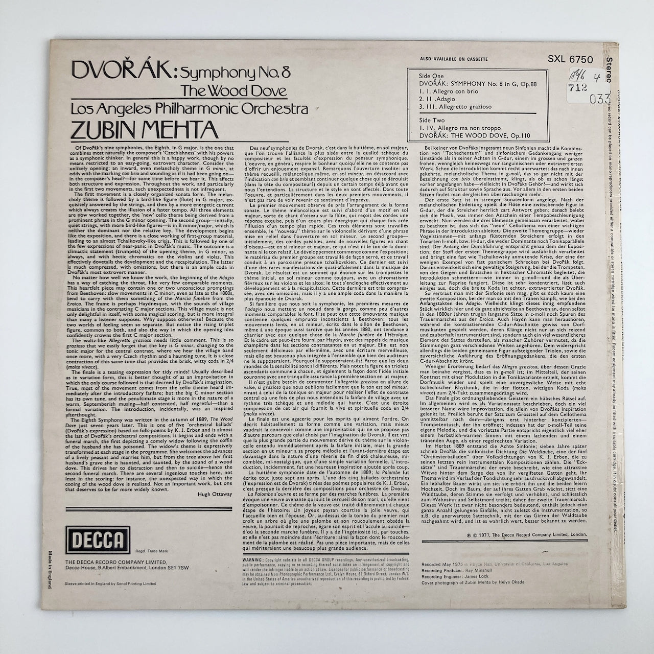 LP/ ズービン・メータ / ドヴォルザーク:交響曲第8番、序曲「野ばと」 / UKオリジナル盤 ED4 DECCA DECCA SXL6750