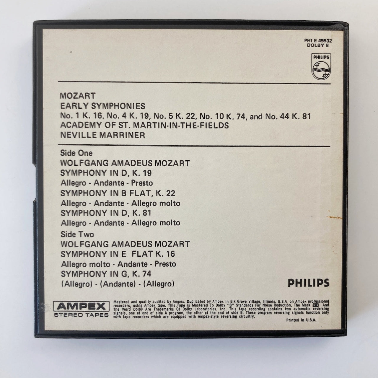 オープンリールテープ / ネヴィル・マリナー / モーツァルト:初期交響曲集 / 7号 19cm/s (7 1/2IPS) 4トラック US盤 DOLBY / PHILIPS