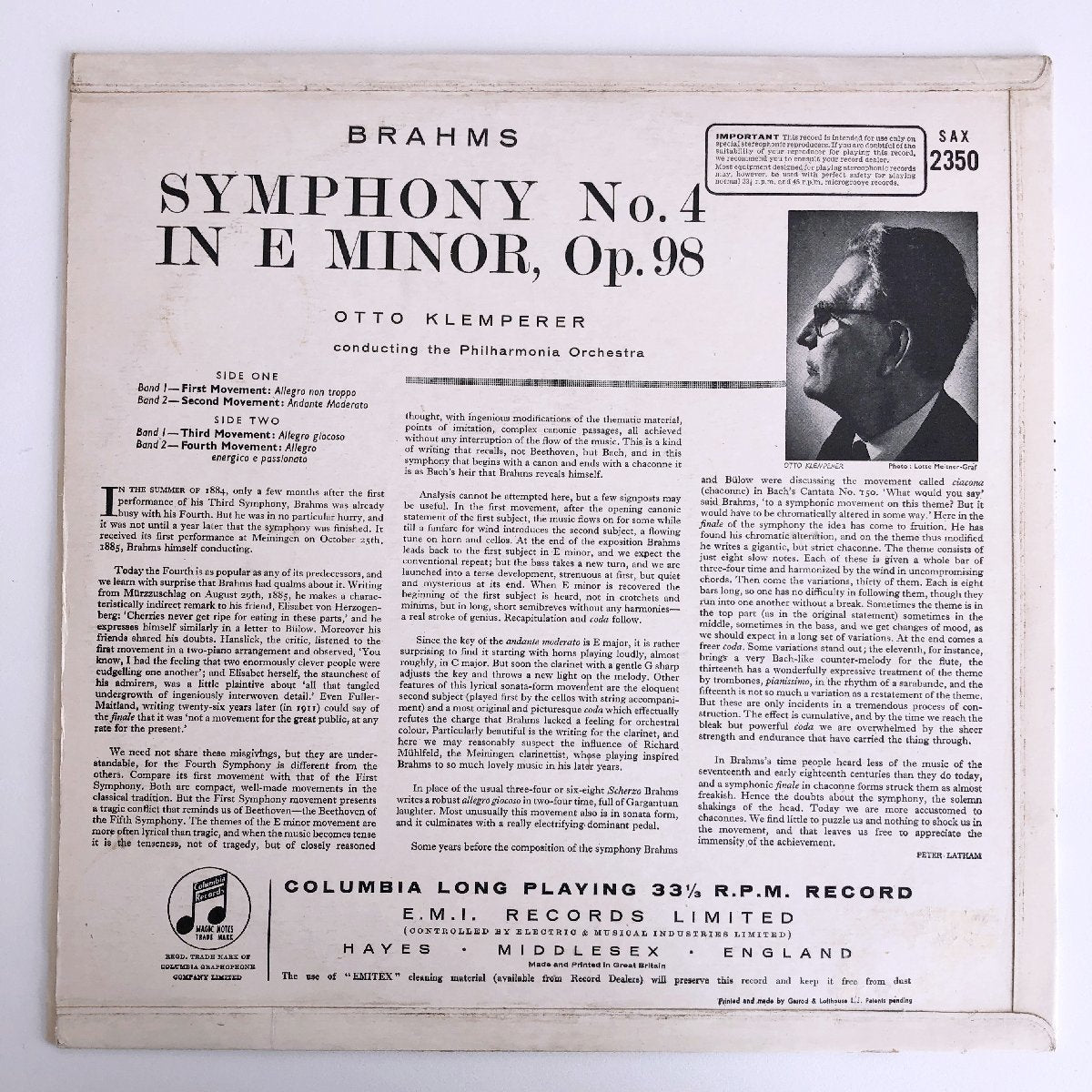LP/ オットー・クレンペラー / ブラームス:交響曲第4番 / UK盤 セミサークル コーティングJK CS付き COLUMBIA SAX2350