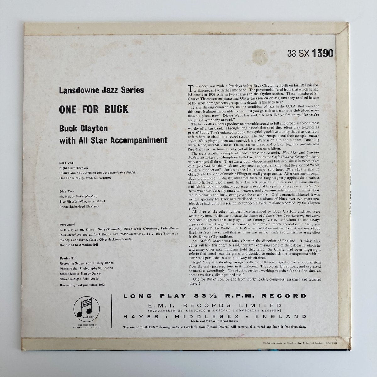 LP/ BUCK CLAYTON / ONE FOR BUCK / バック・クレイトン / UK盤 UKオリジナル(US無し) COLUMBIA 33SX1390