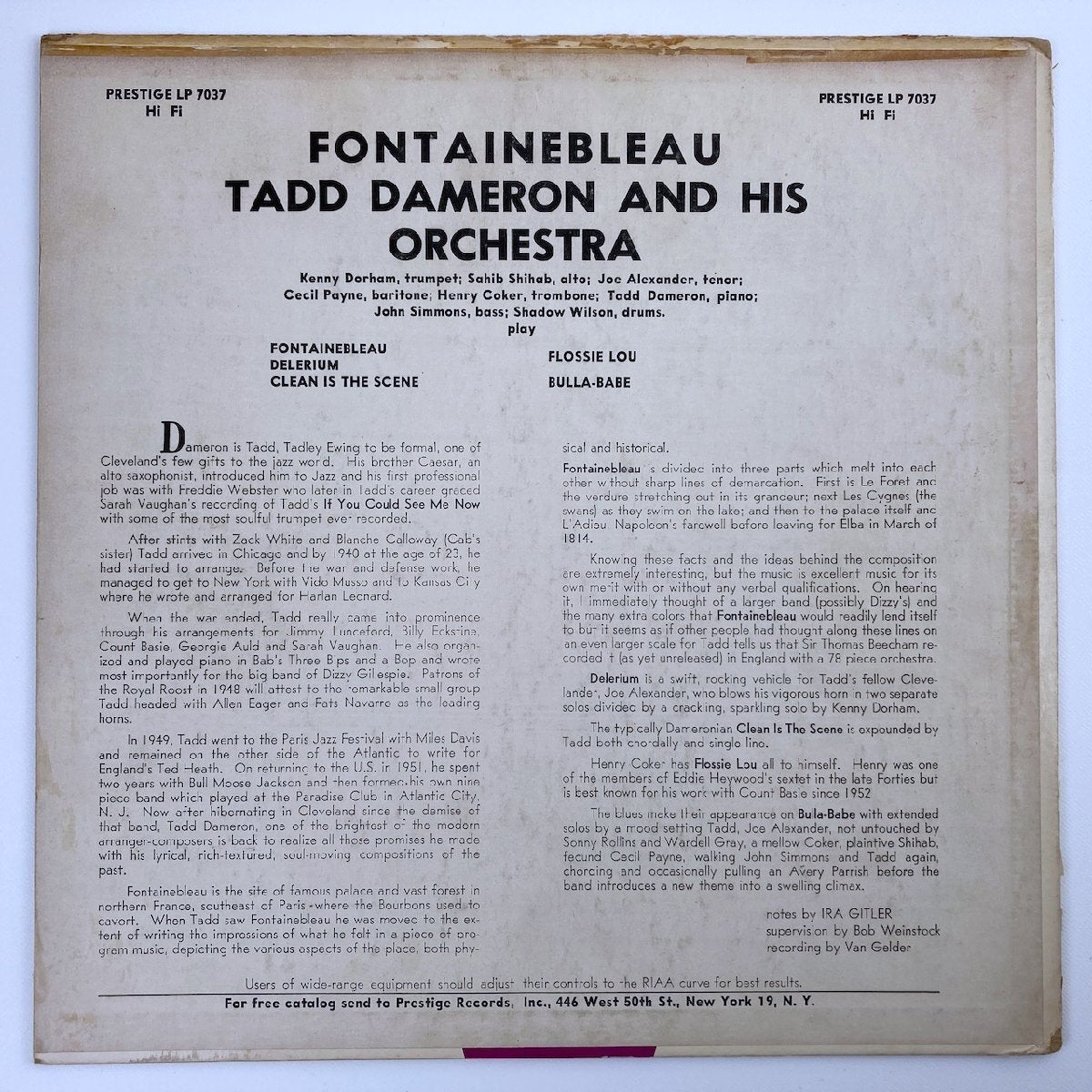 LP/ TADD DAMERON / FONTAINEBLEAU / US盤 オリジナル NYCラベル 深溝 RVG刻印 PRESTIGE PRLP7037